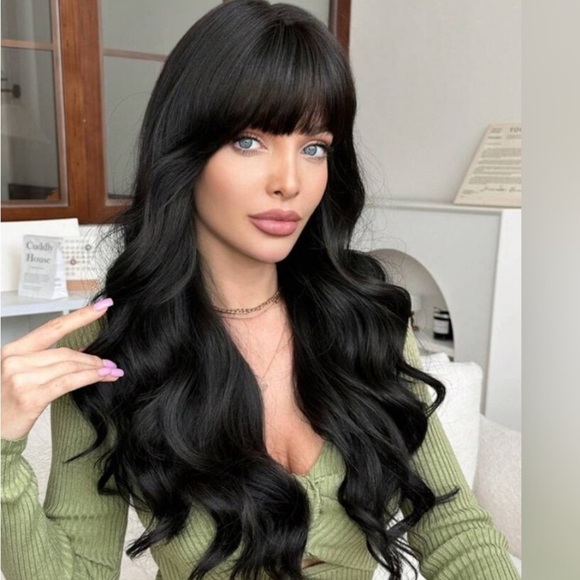 26 Inch Long Wave Curly Black Wig with Bangs density 200% - Picture 1 of 16